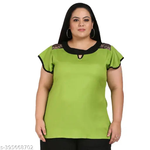 FAZZN Plus Size Customizable Green Round Neck Short Sleeves Rayon Top