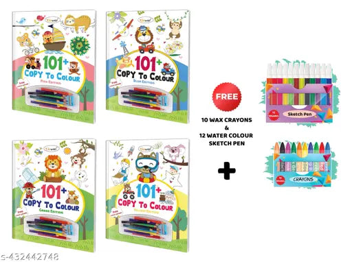 101+ Copy to Colour - Pink Blue Green and Yellow Edition with 10 wax crayons and 12 water colour sketch pen : Kids Learning Art Book Children’s Copy Coloring Book Creative Coloring book - Combo of 4 Copy to Colour Books