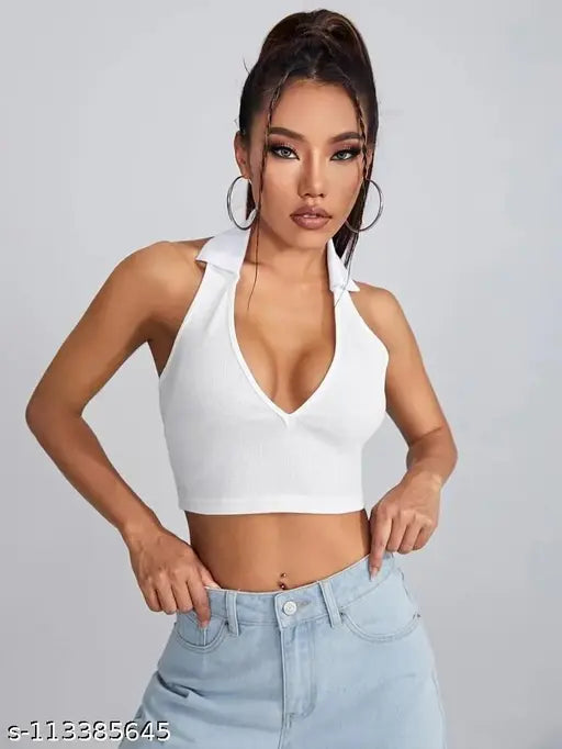 Women Sleveeless Polo Collar Ribbed Solid Crop Tops & Tunics