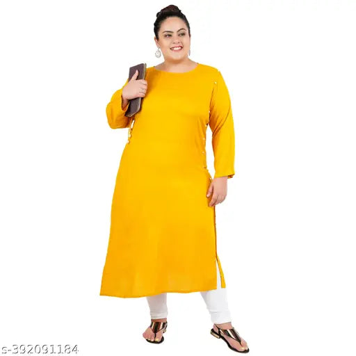 FAZZN Plus Size Customizable Ankle Length Solid Rayon Kurti in Yellow