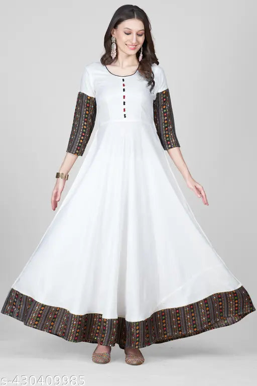 Trendy White Color Ethnic Solid Printed Round Neck Flared Kurti