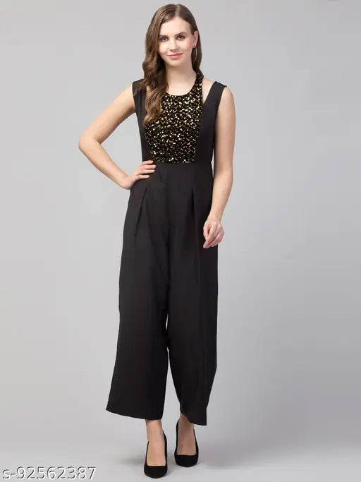 Women Girls Sequined Style Sleeveless Solid Black Jumpsuit for women