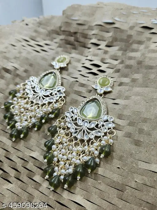 Green Kundan with White Pearl Gold Plated Earrings