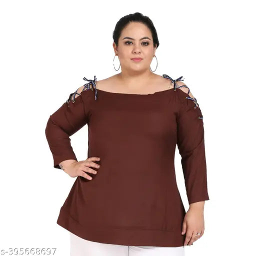 FAZZN Plus Size Chic Brown Off Shoulder Full Sleeves Rayon Top