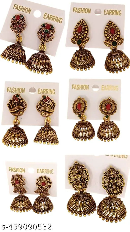 Gold Plated Jhumkas set (Pack o f 6) - Indian Earrings Festive Earrings Gold Tone Kundan jhumkas Designer Jhumkas