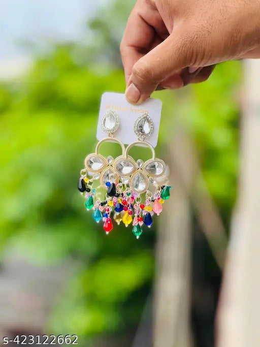 Stone-Studded Pearl Dangler Earrings