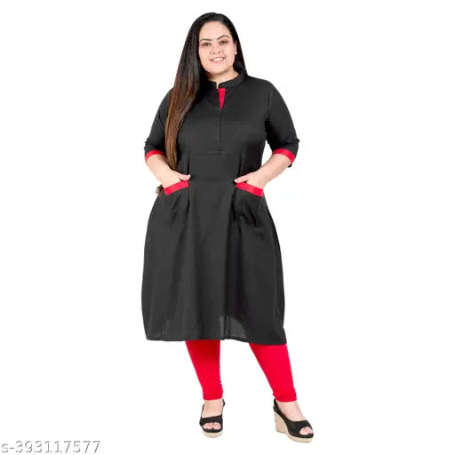FAZZN Plus Size Black Rayon Collared Solid Kurti