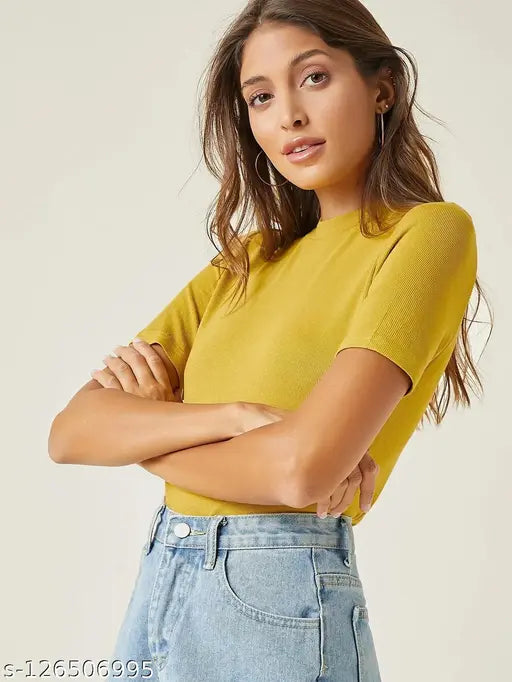 Women Casual Wear Round Neck Half Sleeve Ribbed Top