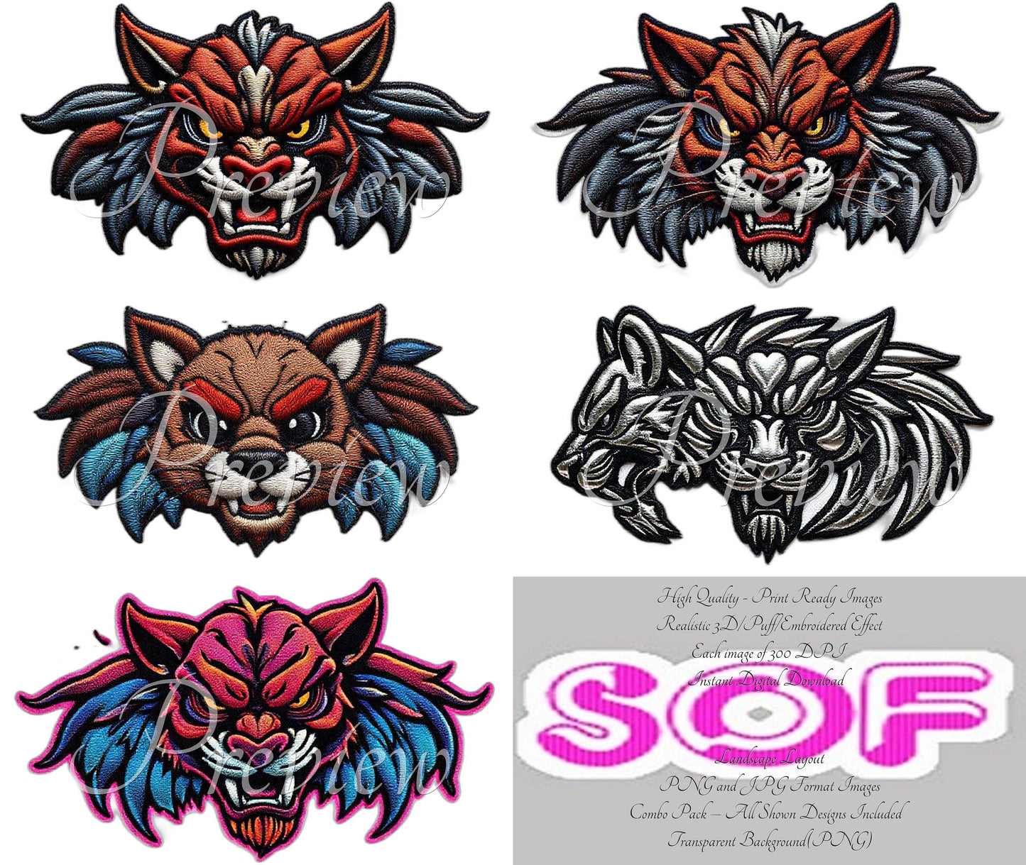 Warrior Animal #set3 Theme Pack of 5 Digital Images | 300 DPI Printable Art | Images for Print on Demand
