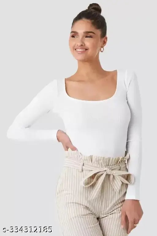 Women Casual Wear Deep Round Neck Full Sleeve Cotton Blend Ribbed Top for women and girls