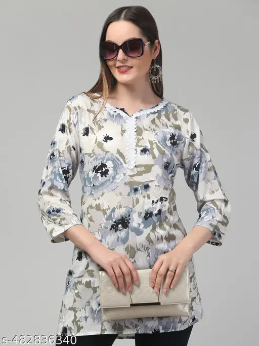 Women printed laces 3/4 sleeve rayon short kurti