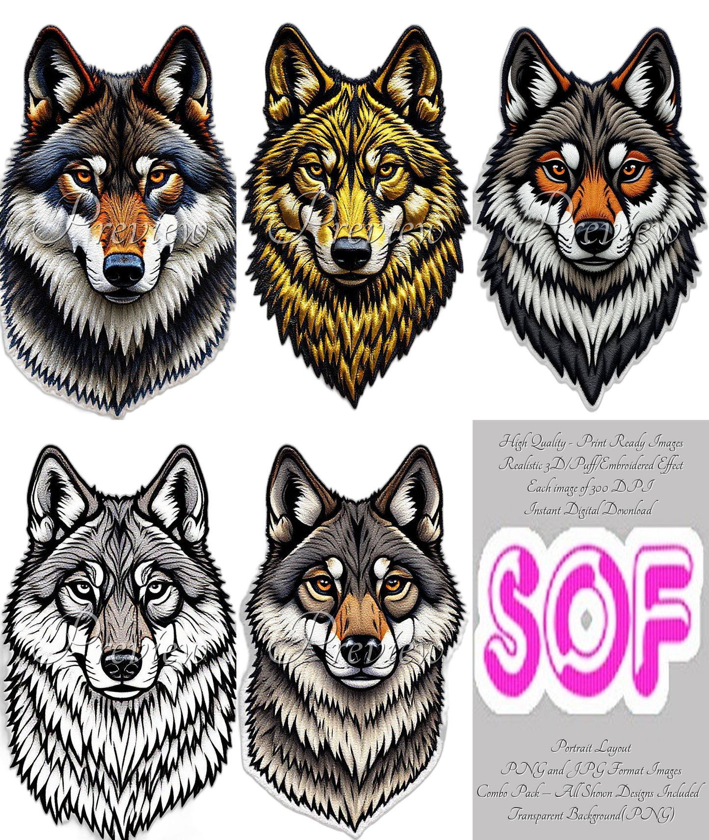 Wolf #set1 Theme Pack of 5 Digital Images – 300 DPI Printable Art