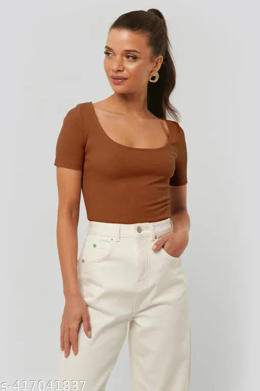 Redamancii Scoop Neck Short Sleeve Casual Ribbed Top for Girls and Women