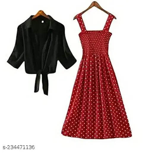 Nature Craft Women Stylish and Trendy Polka Maroon Stripe Shrug Smoking Dress for women