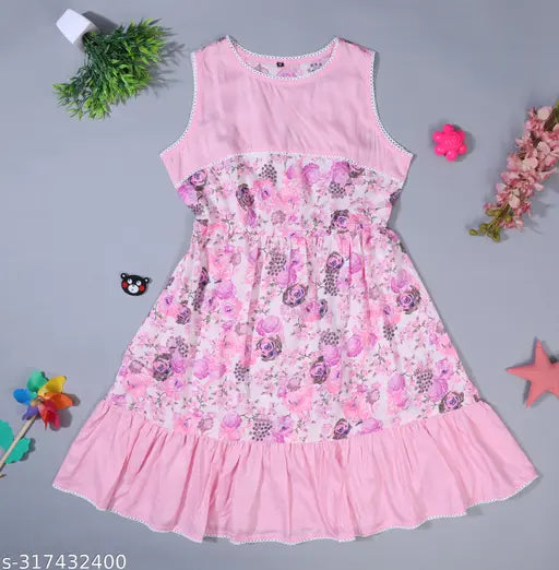 Nature Craft Pink Rayon Floral Sleeveless Round Neck Full Length Women Dress