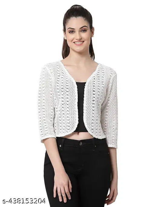 Nature Craft White Cotton Round neck 3/4 Sleeve Shrug for Women&Girls
