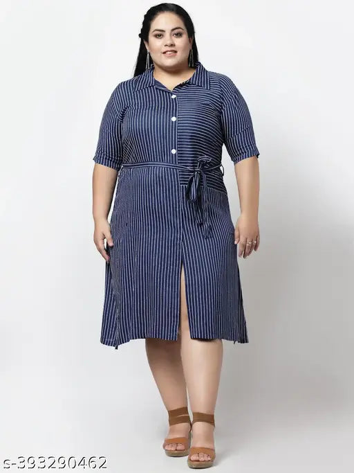 FAZZN Plus Size Blue Striped Rayon Knee Length Dress with Collared Neck and Half Sleeves
