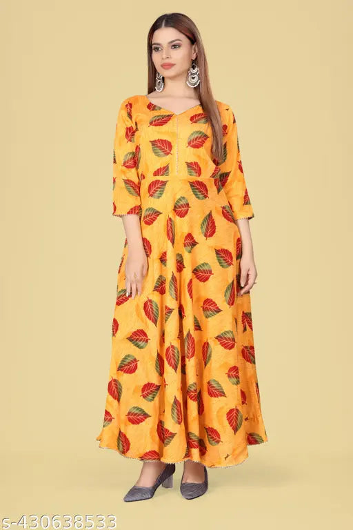 Ashima Designer Yellow color Leaf Print Quality Lace Work Anarkali Flared Gown