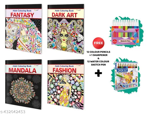 Fantasy - Adult Colouring Book Dark Art - Adult Colouring Book Mandala - Adult Colouring Book Fashion - Adult Colouring Book 12 WATER COLOUR SKETCH PEN and 12 COLOUR PENCILS + 1 SHARPENER