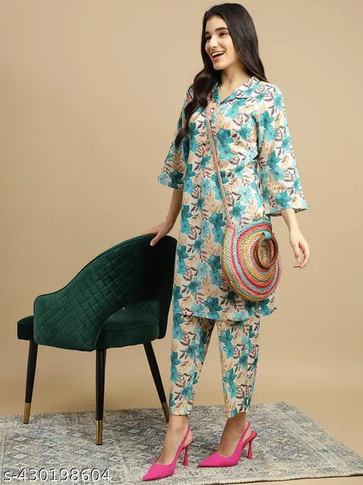 J Turritopsis Women's Poly Cotton Printed Kurta with Pant Co-ords Set