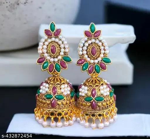 Women Gold-Plated markis chips red green Stone-Studded Earrings