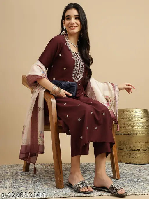 Women's Chinon Kurta & Pant with Dupatta Set