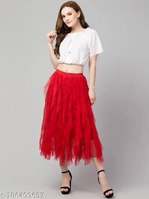 Women Flared Solid Mesh Skirt
