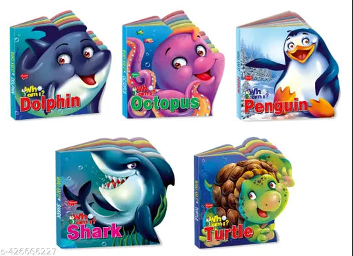 Dolphin Octopus penguin Shark and Turtle Who Am I' Die-Cut Shape Board-Books : Die-cut books for kids Board books for kids Learning board book for kids - Combo of 5 board books for kids.