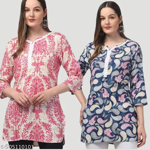 Women printed multicolou rayon embroded short kurti pack of 2