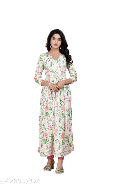 Ashima Desginer Pure Cotton Naira Cut Long Length Gota Lace Work Floral Print Best Quality Kurti