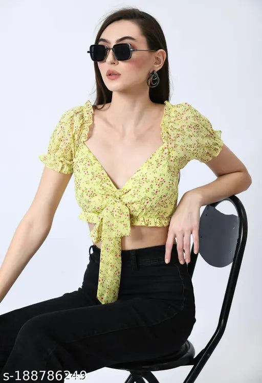 Classy Latest Women Crop Tops & Tunics and Women’s and Girls/Ladies Wrap Around Tops Beach wear Tunic Top V Neck Silk Casual Sleeve Printed Top