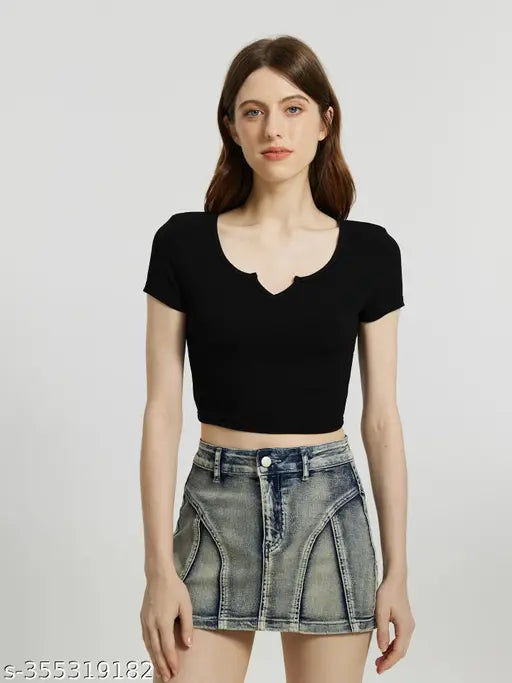 Women Casual Wear V Neck V Cut Half Sleeve Crop Cotton Blend Ribbed Top