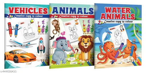 Vehicle Animals and Water Animals - Creative Copy to Colour book : Color Books For Children Kids Copy Colouring book Picture colouring book for early learners for Ages 3-12 - Pack of 3 Copy Colouring books