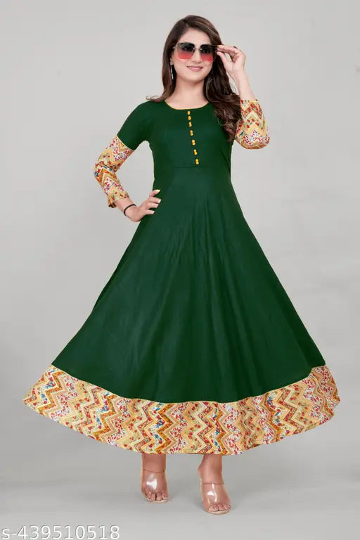Trendy Green Color Ethnic Solid Printed Round Neck Tie-Up Flared Kurti