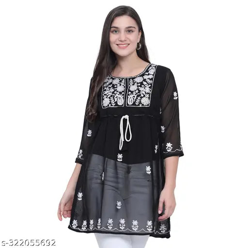 Nature Craft Black Georgette embroidered Women Tunic (Embroidery)