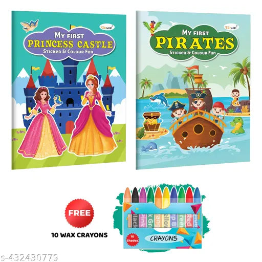 My First Princess Castle and Pirates Sticker and Colour Fun with 10 Wax Crayons : Educational Kids Art Book Kids colouring Book Art and Sticker Book for Kids - Pack of 2 Colouring Books