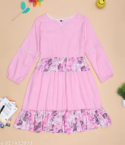 Nature Craft Pink Rayon Floral 3/4 Sleeve Round Neck knee Length Women Dress