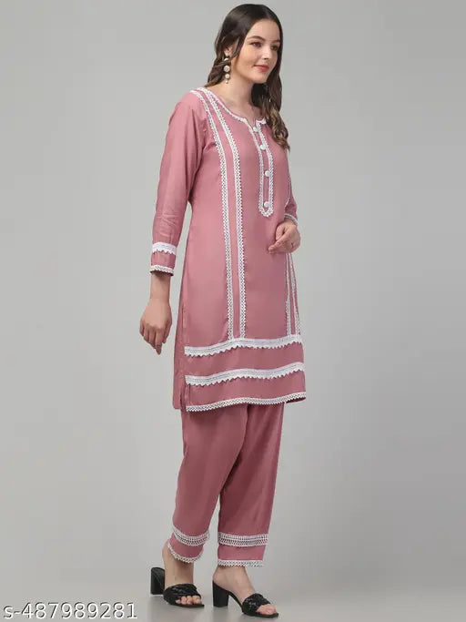 Women solid 3/4 sleeve lace long kurta with pants set