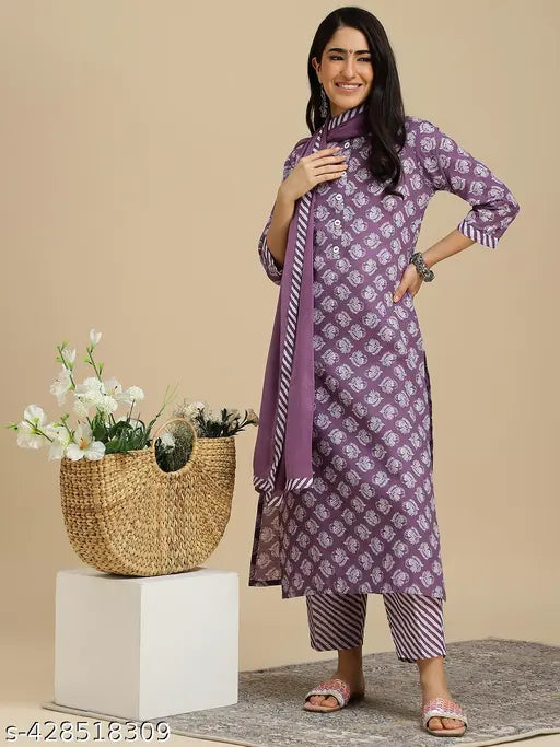 Women's Poly Cotton Kurta Pant Dupatta Set