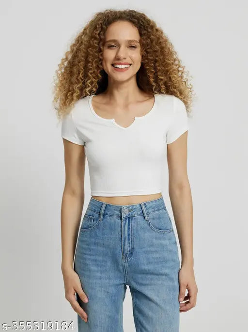 Women Casual Wear V Neck V Cut Half Sleeve Crop Cotton Blend Ribbed Top