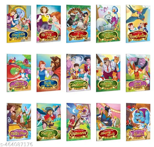 Set of 15 Golden & Classic Fairy Tales Story Books : Aladdin Alice in Wonderland Peter Pan Jack and the Beanstalk Cinderella and more - Bedtime Stories for Kids Children learning story book