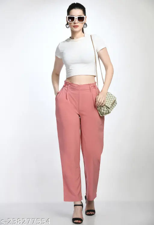 Women High Rise Paperbag Waist Solid Trouser