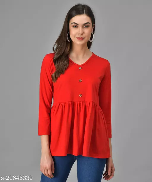 Vivient Women Red Three Button Peplum Top