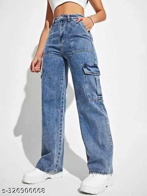 WOMEN LATEST CARGO TROUSERS | SOLID HIGH-RISE CARGO JEANS | 6 POCKET WIDE LEG DENIMS | 80'S ROCKER-CHIC INSPIRED CARGO PANTS | SIT ABOVE | NON-STRETCH FIT WITH A WIDE LEG | SPORTY LOOK LOOSE FIT DENIMS