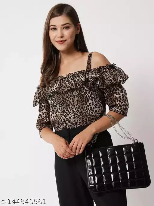 Vivient Woman White Mix Tiger Printed Shoulder Strap Top