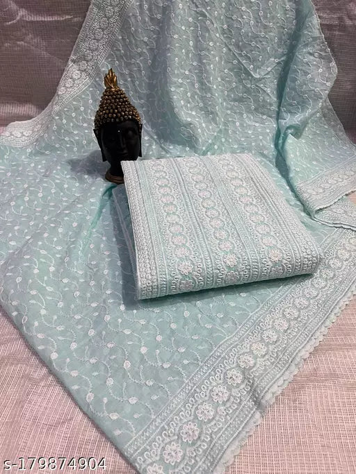 Women's Aqua Blue Floral Chikankari Cotton Suits & Dress Materials