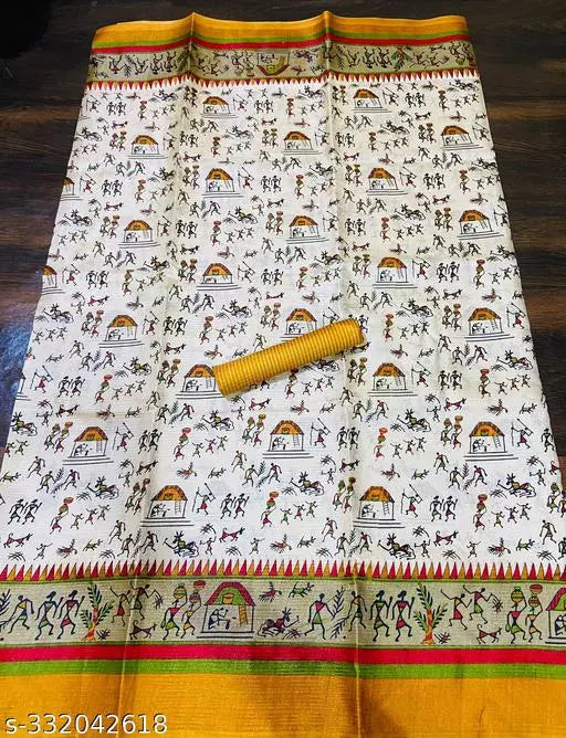 WARLI PRINTED KHADI SILK BLENDED LIGHT WEIGHT COMFERTABLE WEAR DESIGNER SAREE WITH BLOUSE