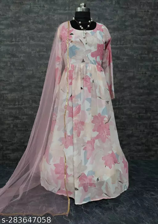 QVAZOR Stylish Fancy Trendy Printed Georgette Gown For Women For Party Wedding Festival Functions
