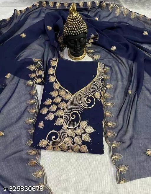 Womens Beautifull Unstiched Heavy Mirror Zari Embroidered Fancy Georgette Lovely Work Suits & Dress Materials
