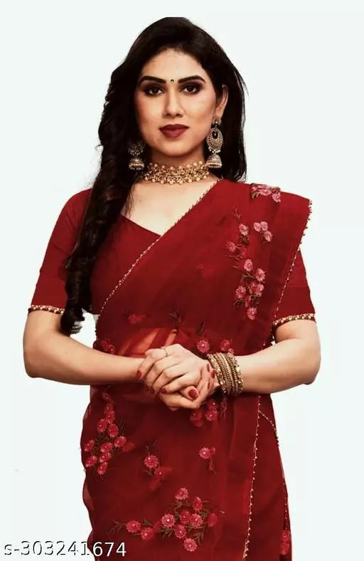Bollywood Celebrity inspired Explore net saree With beautifull Embroidered all over moti work Maroon colours